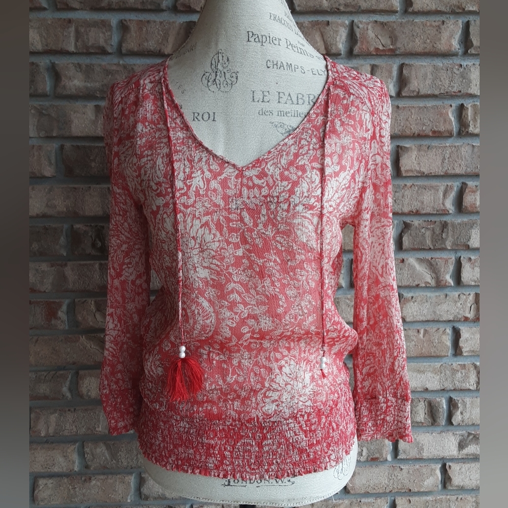 Lucky Brand Boho Peasant Style Blouse with Tassel Tie Detail Size Small.